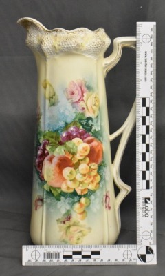 R.S. Prussia Stippled Floral Mold 13"h tankard, Fruit, red mark - 8