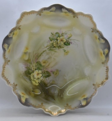 (2) R.S. Prussia bowls: 9.25"d Sunflower Mold, red mark; 10.5"d with yellow flowers - 2