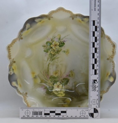 (2) R.S. Prussia bowls: 9.25"d Sunflower Mold, red mark; 10.5"d with yellow flowers - 6