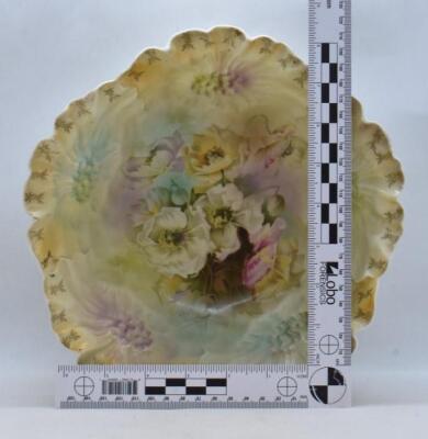 (2) R.S. Prussia bowls: 9.25"d Sunflower Mold, red mark; 10.5"d with yellow flowers - 13