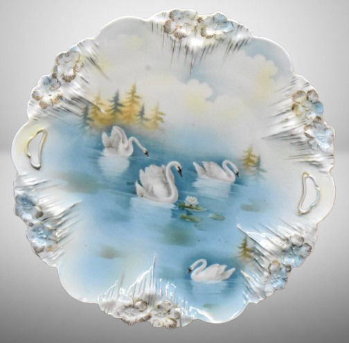 R.S. Prussia Icicle Mold 10"d cake plate, Swans on Lake, wheelock Prussia mark