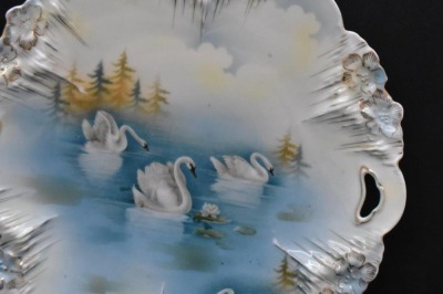 R.S. Prussia Icicle Mold 10"d cake plate, Swans on Lake, wheelock Prussia mark - 3