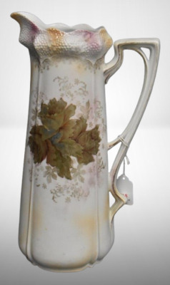 R.S. Prussia Stippled Floral Mold 13"h tankard, gold shaded roses on satin finish, red mark