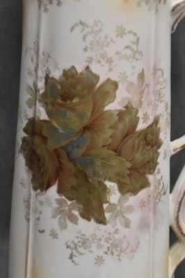 R.S. Prussia Stippled Floral Mold 13"h tankard, gold shaded roses on satin finish, red mark - 2