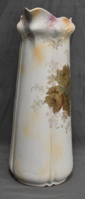 R.S. Prussia Stippled Floral Mold 13"h tankard, gold shaded roses on satin finish, red mark - 3