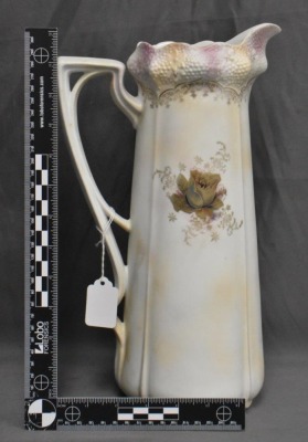 R.S. Prussia Stippled Floral Mold 13"h tankard, gold shaded roses on satin finish, red mark - 4