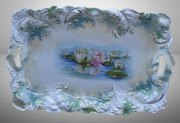 R.S. Prussia Plume Mold dresser tray, 12" x 7.5", Reflecting Water Lilies, red mark