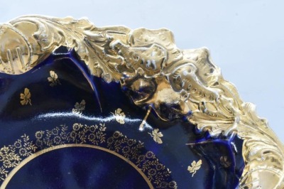 Handpainted porcelain 10.5"d cobalt bowl w/heavy gold border and stenciling - 4