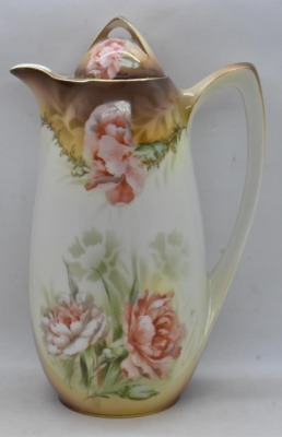 (2) Mrkd. R.S. Germany 9.5"h chocolate pots, floral designs on both - 2