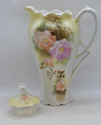 (2) Mrkd. R.S. Germany 9.5"h chocolate pots, floral designs on both - 14