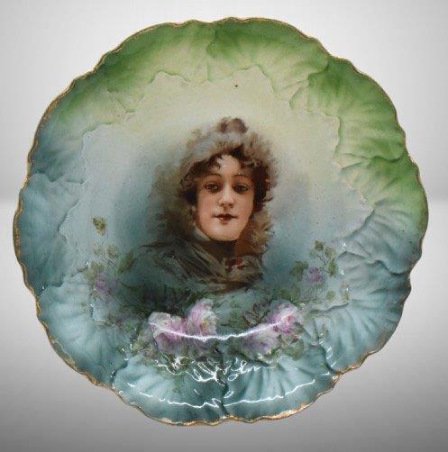 Handpainted porcelain 10.5"d bowl, Flossie portrait