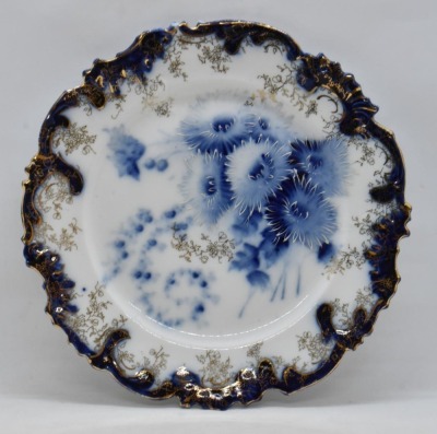 (2) Handpainted porcelain cobalt plates w/ flowers and decorative stenciling - 2