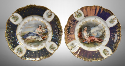 (2) R.S. Prussia Mold 343 cake plates, 10.5"d: Flora figural and Diana the Huntress