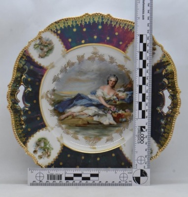 (2) R.S. Prussia Mold 343 cake plates, 10.5"d: Flora figural and Diana the Huntress - 7