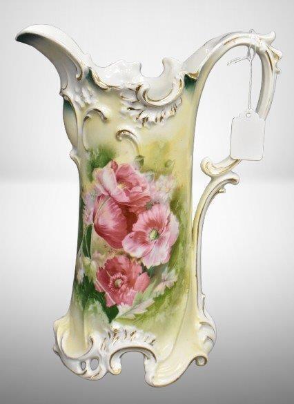 R.S. Prussia Mold 586 12"h tankard, pink poppies, red mark