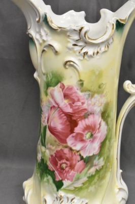 R.S. Prussia Mold 586 12"h tankard, pink poppies, red mark - 2