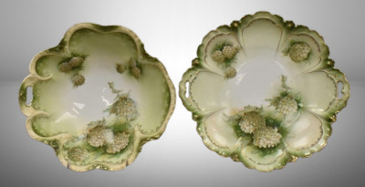 (2) R.S. Prussia pcs: 11.5"d cake plate; 10"d bowl w/ 1 pierced handle - both feature Snowballs on green tones