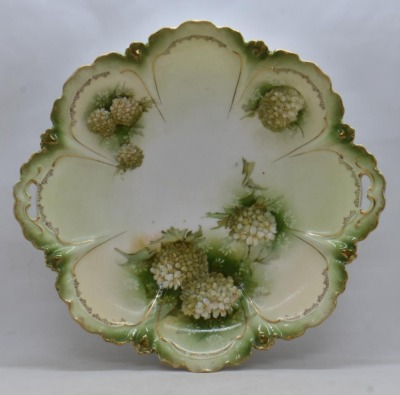 (2) R.S. Prussia pcs: 11.5"d cake plate; 10"d bowl w/ 1 pierced handle - both feature Snowballs on green tones - 2