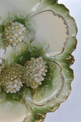 (2) R.S. Prussia pcs: 11.5"d cake plate; 10"d bowl w/ 1 pierced handle - both feature Snowballs on green tones - 4