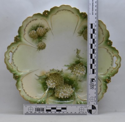 (2) R.S. Prussia pcs: 11.5"d cake plate; 10"d bowl w/ 1 pierced handle - both feature Snowballs on green tones - 6