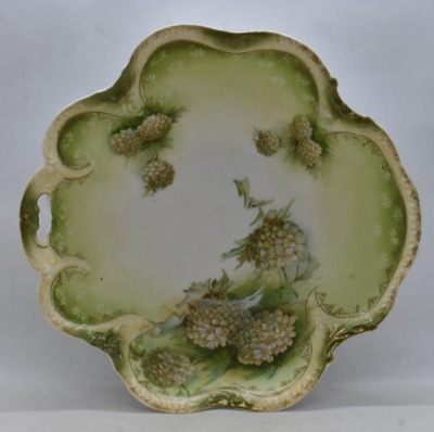 (2) R.S. Prussia pcs: 11.5"d cake plate; 10"d bowl w/ 1 pierced handle - both feature Snowballs on green tones - 7