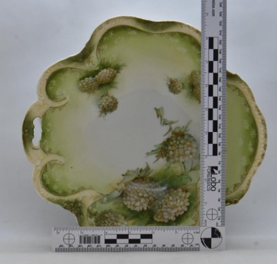 (2) R.S. Prussia pcs: 11.5"d cake plate; 10"d bowl w/ 1 pierced handle - both feature Snowballs on green tones - 11