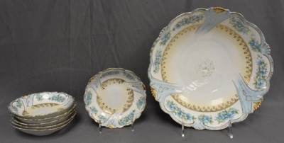 Handpainted porcelain 7 pc. berry set, blue flowers on rim - 2