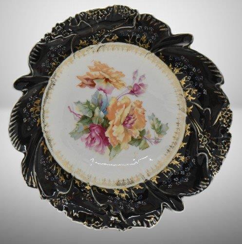 R.S. Prussia 10"d bowl, multi-colored roses w/ wide black border, circle mold mark