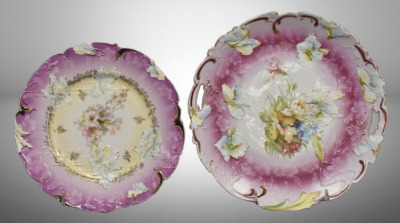 (2) R.S. Prussia plates, floral designs w/ lavender finish: 9"d and 10.75"d cake plate