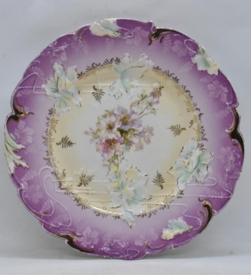 (2) R.S. Prussia plates, floral designs w/ lavender finish: 9"d and 10.75"d cake plate - 2