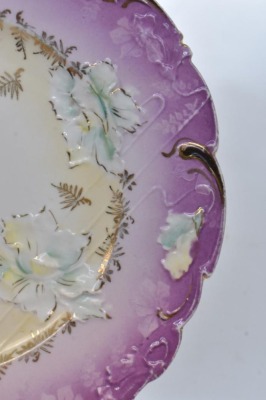 (2) R.S. Prussia plates, floral designs w/ lavender finish: 9"d and 10.75"d cake plate - 4