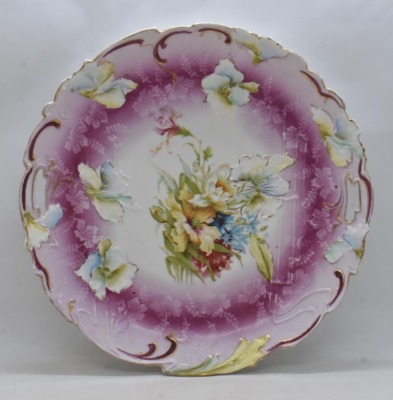 (2) R.S. Prussia plates, floral designs w/ lavender finish: 9"d and 10.75"d cake plate - 11