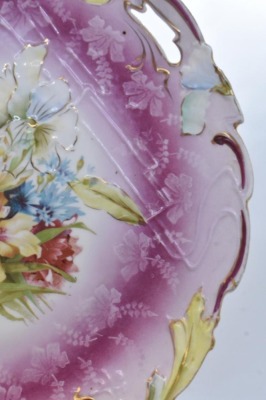 (2) R.S. Prussia plates, floral designs w/ lavender finish: 9"d and 10.75"d cake plate - 13