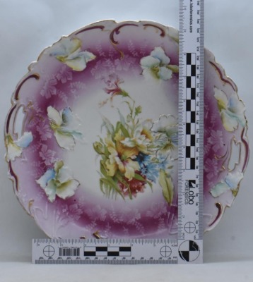 (2) R.S. Prussia plates, floral designs w/ lavender finish: 9"d and 10.75"d cake plate - 16