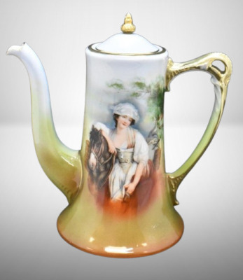 Mrkd. Royal Bayreuth 6.5" demitasse coffee pot, Lady and Horse, blue mark