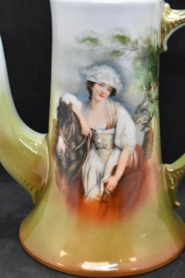 Mrkd. Royal Bayreuth 6.5" demitasse coffee pot, Lady and Horse, blue mark - 2