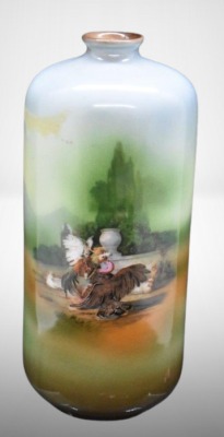 Mrkd. Royal Bayreuth 5.5" vase featuring Cock Fight, blue mark