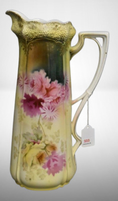 R.S. Prussia Stippled Floral Mold 13" tankard, pink and yellow roses, red mark