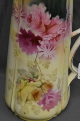 R.S. Prussia Stippled Floral Mold 13" tankard, pink and yellow roses, red mark - 2