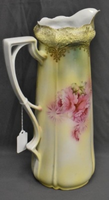 R.S. Prussia Stippled Floral Mold 13" tankard, pink and yellow roses, red mark - 5