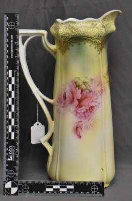 R.S. Prussia Stippled Floral Mold 13" tankard, pink and yellow roses, red mark - 6