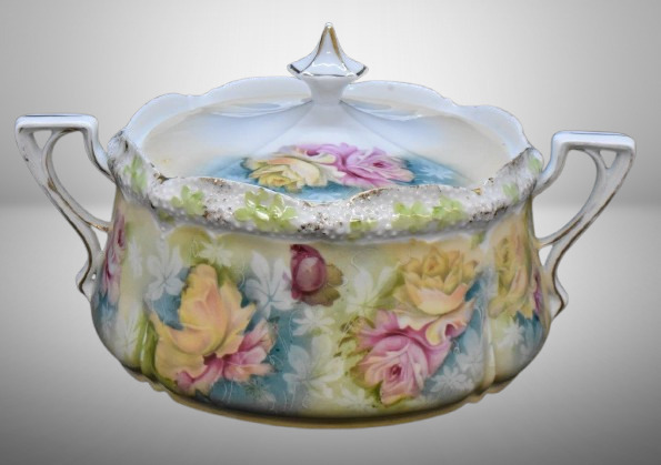 R.S. Prussia Stippled Floral Mold biscuit/ cracker jar, pink and yellow roses, circle mold mark