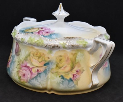 R.S. Prussia Stippled Floral Mold biscuit/ cracker jar, pink and yellow roses, circle mold mark - 3