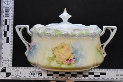 R.S. Prussia Stippled Floral Mold biscuit/ cracker jar, pink and yellow roses, circle mold mark - 5