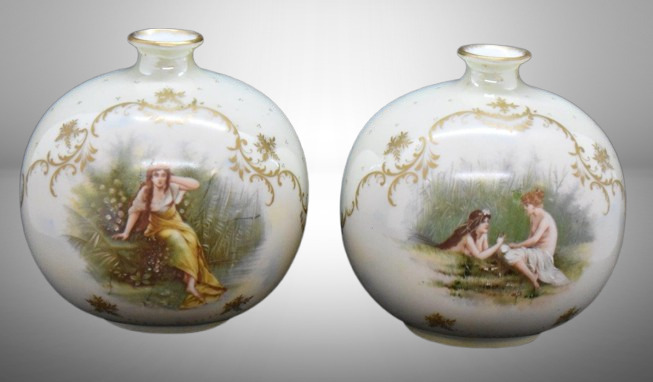 (2) Handpainted porcelain 4.5"h bulbous vases, dbl. sided scenes featuring young women