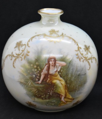 (2) Handpainted porcelain 4.5"h bulbous vases, dbl. sided scenes featuring young women - 2