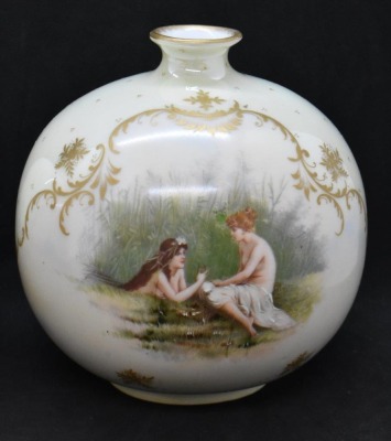 (2) Handpainted porcelain 4.5"h bulbous vases, dbl. sided scenes featuring young women - 3