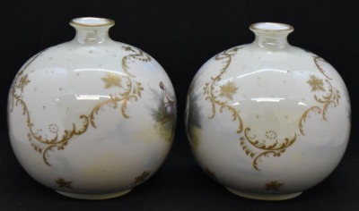 (2) Handpainted porcelain 4.5"h bulbous vases, dbl. sided scenes featuring young women - 4