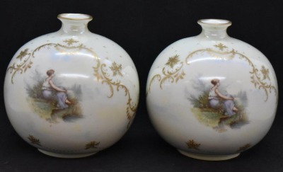 (2) Handpainted porcelain 4.5"h bulbous vases, dbl. sided scenes featuring young women - 5