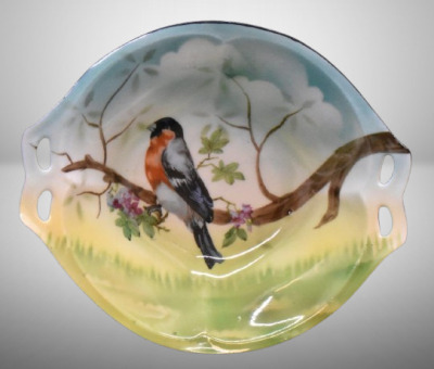 Mrkd. Prov Saxe/ ES Germany 4-ftd. bowl, colorful bird on branch